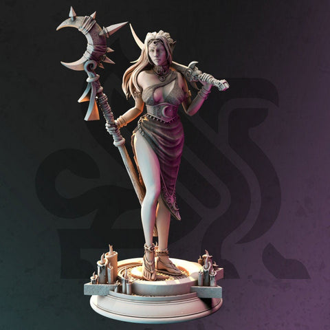 Pinup Female Elf Druid Staff and Scimitar Miniature | 28mm, 32mm,54mm,75mm, 100mm Scales | Dungeons and Dragons 5E | DM Stash