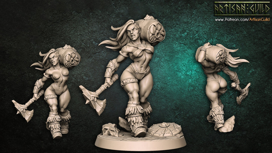 Sexy Pinup (NSFW also) Human Female Barbarian Fighter | 28mm, 32mm, 54mm, 75mm Scale Miniature | Dungeons and Dragons | Artisan Guild