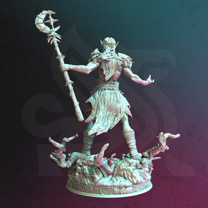 Half Elf Druid Circle of Stars, Moon with Staff Miniature | 28mm, 32mm,54mm,75mm, 100mm Scales | Dungeons and Dragons 5E | DM Stash