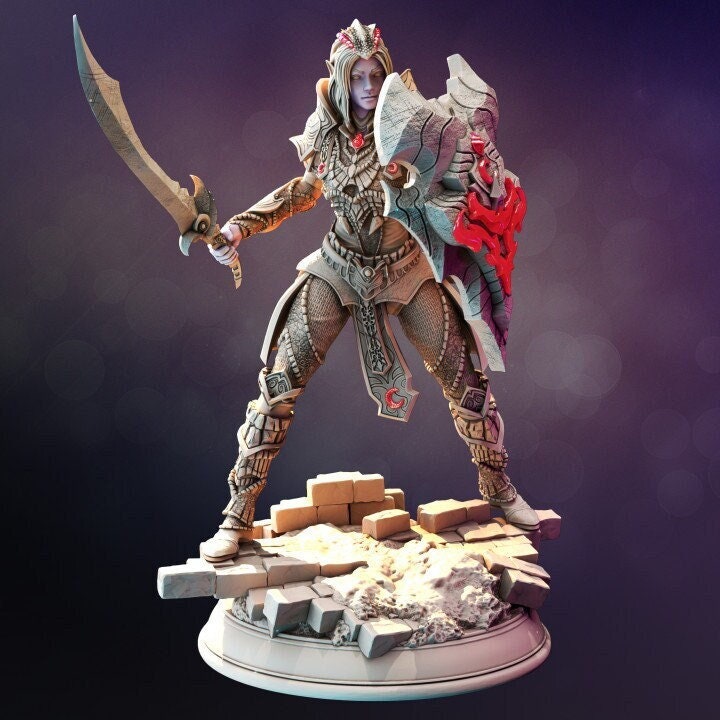 Female Dark Elf Oathbreaker Paladin Fighter Unpainted Miniature | 28mm, 32mm,54mm,75mm,100mm Scales | Dungeons &amp; Dragons Pathfinder DM Stash