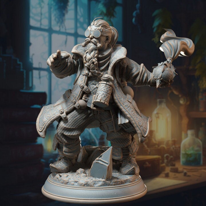 Dwarf Alchemist Artificer | Miniature | 28mm, 32mm, 54mm, 75mm Scales | Pathfinder Figure | DnD | Figurine unpainted |