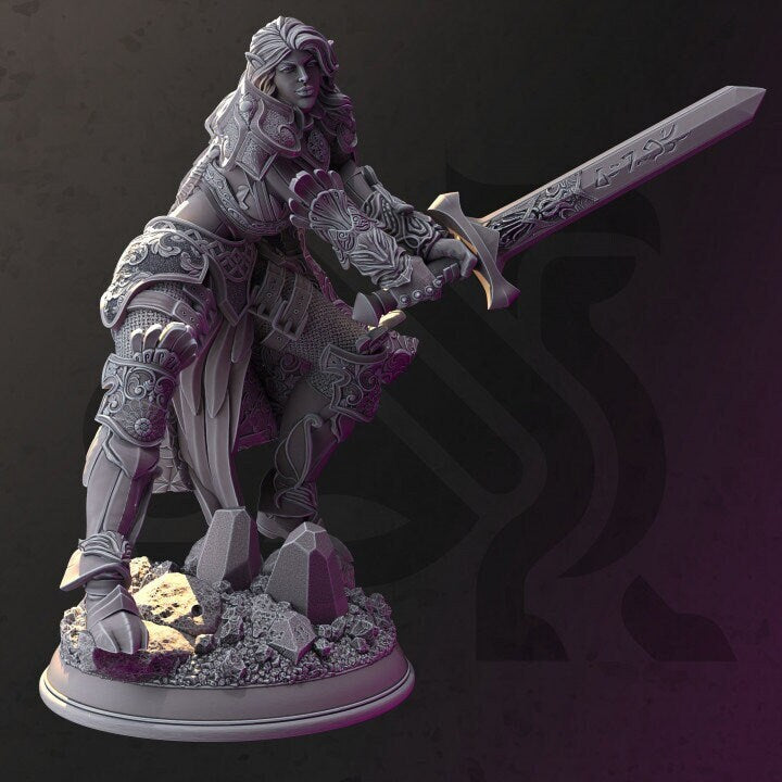Female High Elf Paladin Fighter Spell blade, Moon Elf, Eladrin Miniature | 28mm, 32mm,54mm,75mm, 100mm Scales | Dungeons and Dragons 5E