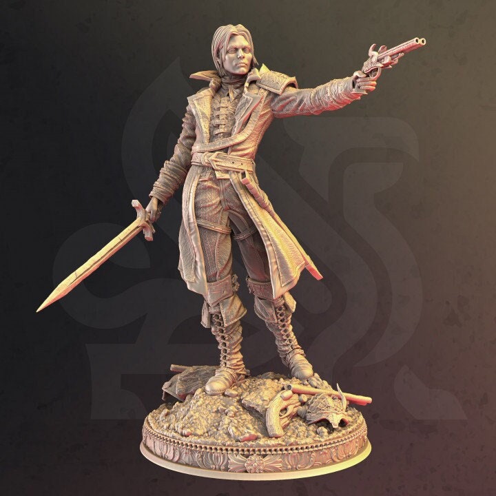 Human Gunslinger Fighter Unpainted Miniature | 28mm, 32mm,54mm,75mm,100mm Scales | Dungeons and Dragons Pathfinder |DM Stash