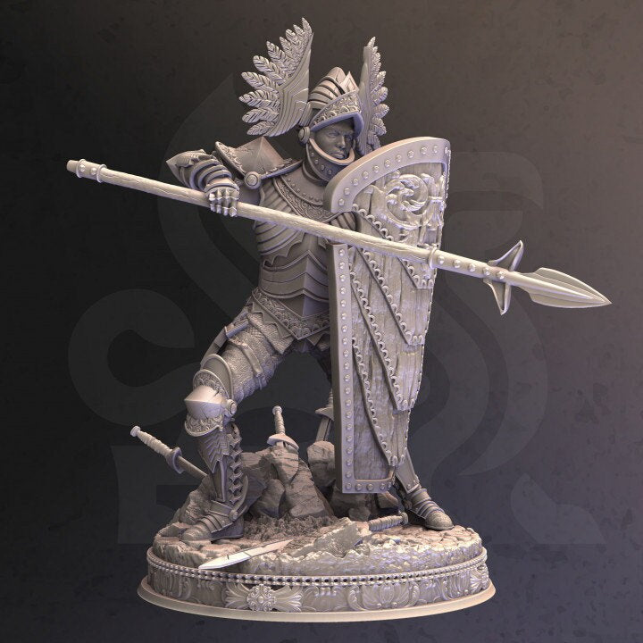 Human Paladin Fighter Spear and Shield | Miniature | 28mm, 32mm, 54mm,75mm, 100mm Scales | Pathfinder Figure | DnD | Figurine unpainted |
