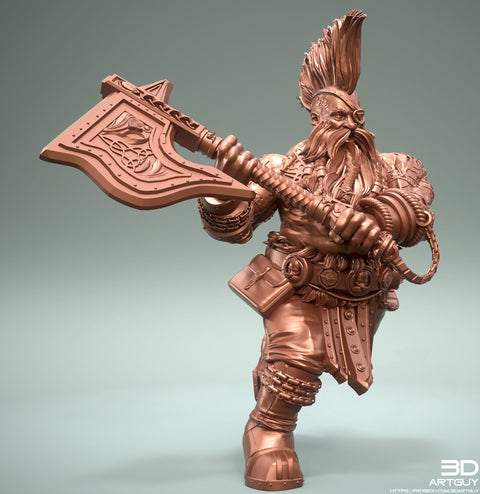 Dwarf Fighter Barbarian Axe Unpainted Figure | 28mm, 32mm,54mm,75mm,100mm Scales | Dungeons and Dragons Pathfinder | 3DArtGuy