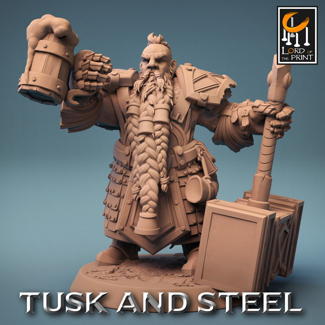 Dwarf Fighter Paladin Beer & Hammer Unpainted Model | 28mm, 32mm,54mm,75mm,100mm Scales | Dungeons and Dragons Pathfinder Lord of The Print