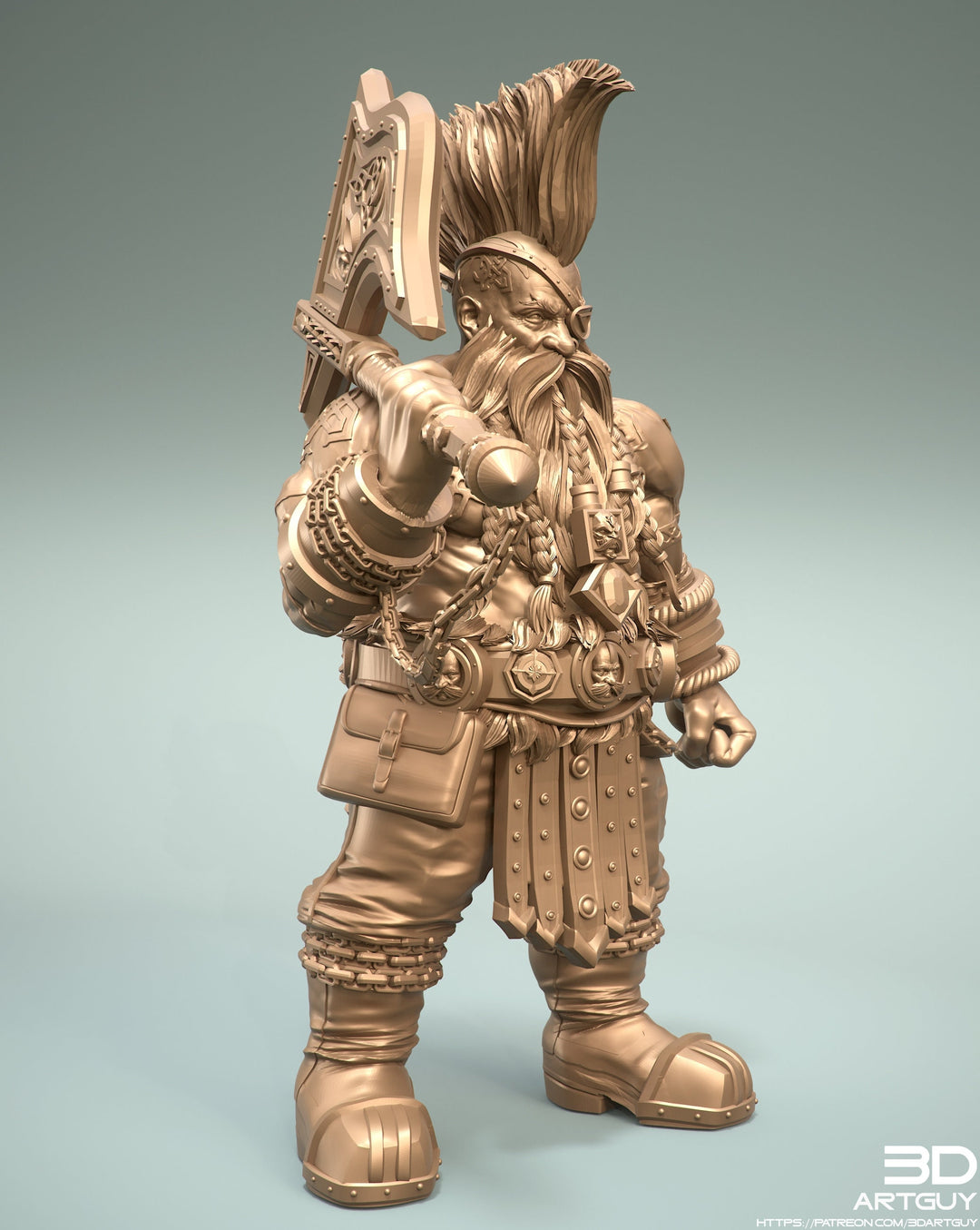 Dwarf Fighter Paladin Axe Unpainted Figure | 28mm, 32mm,54mm,75mm,100mm Scales | Dungeons and Dragons Pathfinder | 3DArtGuy