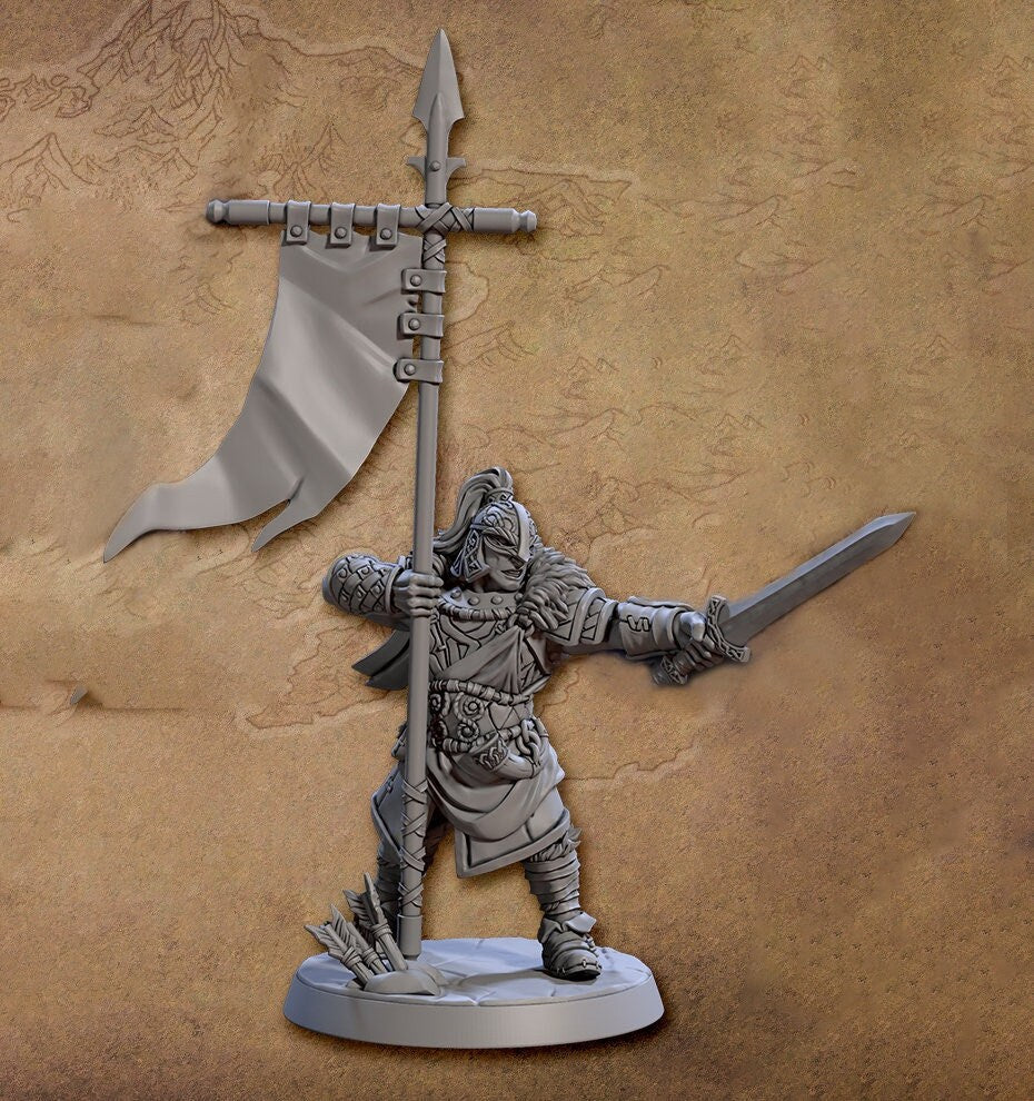 Ranger Fighter Banner and Sword | 28mm, 32mm, 54mm,75mm,100mm Scale Resin Miniature Dungeons and Dragons D&D Pathfinder | Artisan Guild