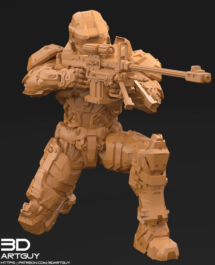 Space Spartan miniature with Sniper | 28mm, 32mm Scales also 50mm and 100mm | Sci-Fi Video Games miniatures | Fan Art | 3Dartguy|