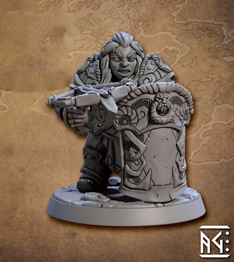 Female Dwarf Fighter Cleric with Crossbow & Tower Shield | 28mm, 32mm, 54mm, 75mm Scale Miniature | Dungeons and Dragons | Artisan Guild