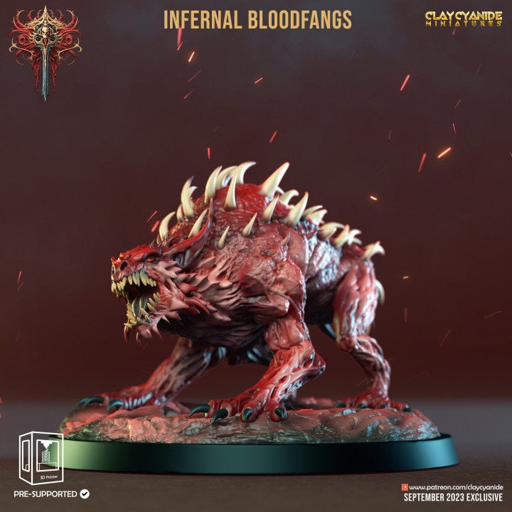 Fiend Hounds, Bloofd Fangs, Dire Chaos Wolves | 28mm, 32mm,54mm,75mm Scale | Dungeons and Dragons | Pathfinder Miniatures | Figurine | DnD |