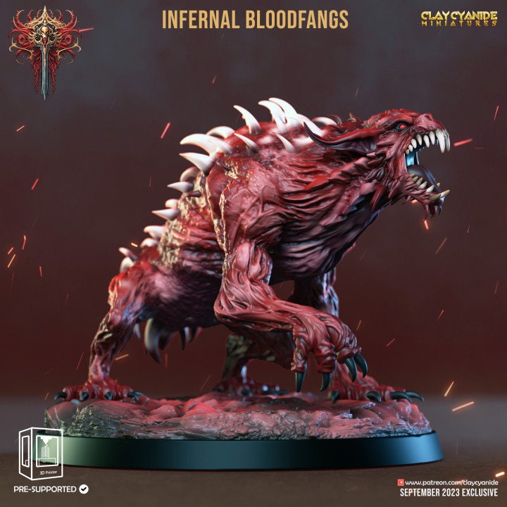 Fiend Hounds, Bloofd Fangs, Dire Chaos Wolves | 28mm, 32mm,54mm,75mm Scale | Dungeons and Dragons | Pathfinder Miniatures | Figurine | DnD |
