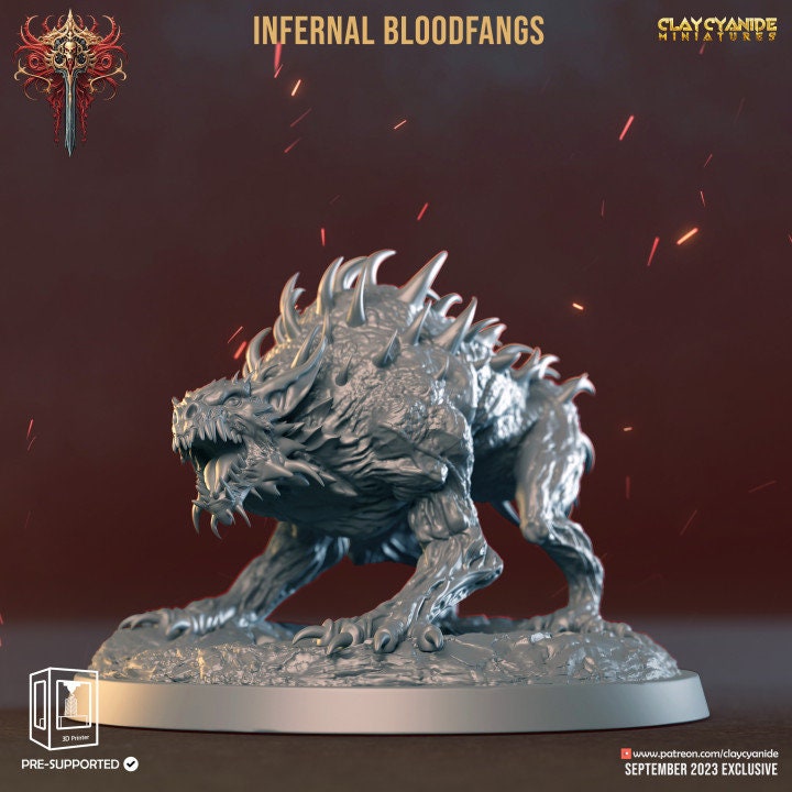 Fiend Hounds, Bloofd Fangs, Dire Chaos Wolves | 28mm, 32mm,54mm,75mm Scale | Dungeons and Dragons | Pathfinder Miniatures | Figurine | DnD |