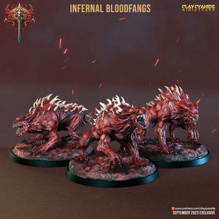 Fiend Hounds, Bloofd Fangs, Dire Chaos Wolves | 28mm, 32mm,54mm,75mm Scale | Dungeons and Dragons | Pathfinder Miniatures | Figurine | DnD |