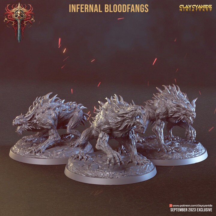 Fiend Hounds, Bloofd Fangs, Dire Chaos Wolves | 28mm, 32mm,54mm,75mm Scale | Dungeons and Dragons | Pathfinder Miniatures | Figurine | DnD |
