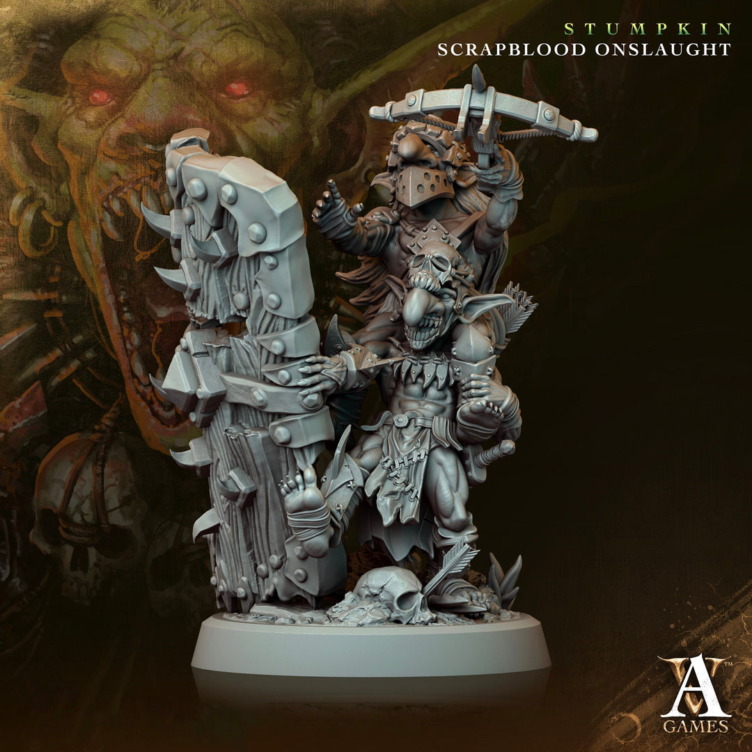 Goblin Pair with Tower Shield | Dungeons and Dragons | 28mm,32mm,54mm,75mm,100mm Scales | Pathfinder Mini for Painting | Archvillain Games