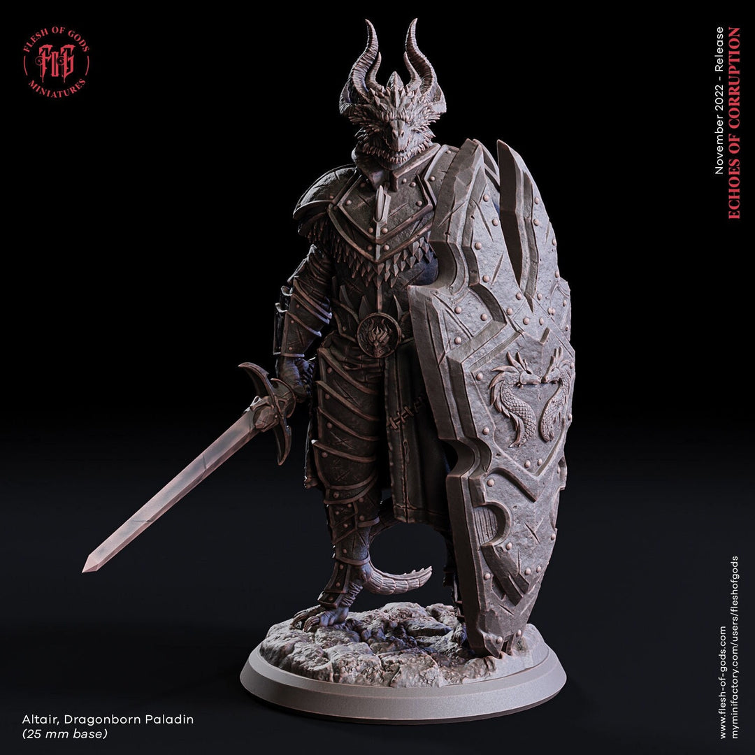 Dragonborn Paladin Sword Shield | 28mm,32mm,54mm,75mm,100mm Scale Resin Miniature | Dungeons and Dragons D&D 5e Pathfinder | Flesh of Gods