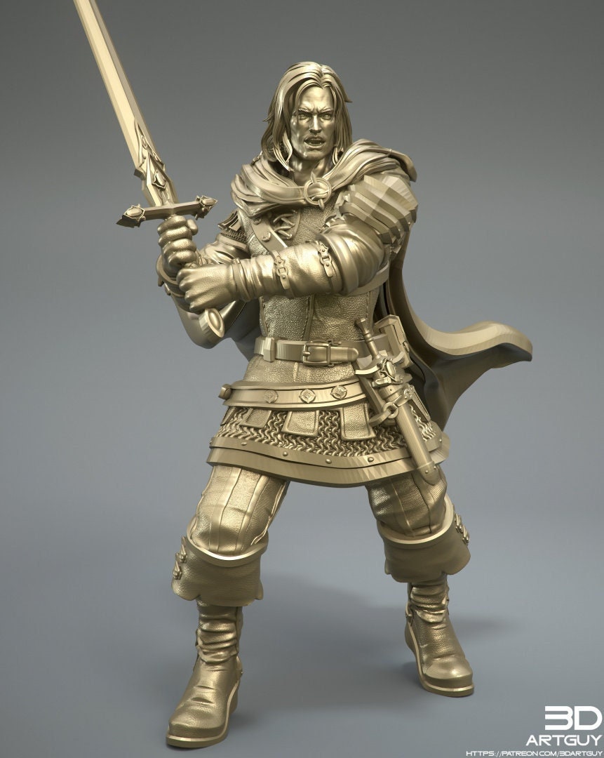 Human Ranger Fighter with Sword | Miniature | 28mm, 32mm, 54mm, 75mm, 100mm Scales | Pathfinder Figure | DnD | Figurine unpainted |