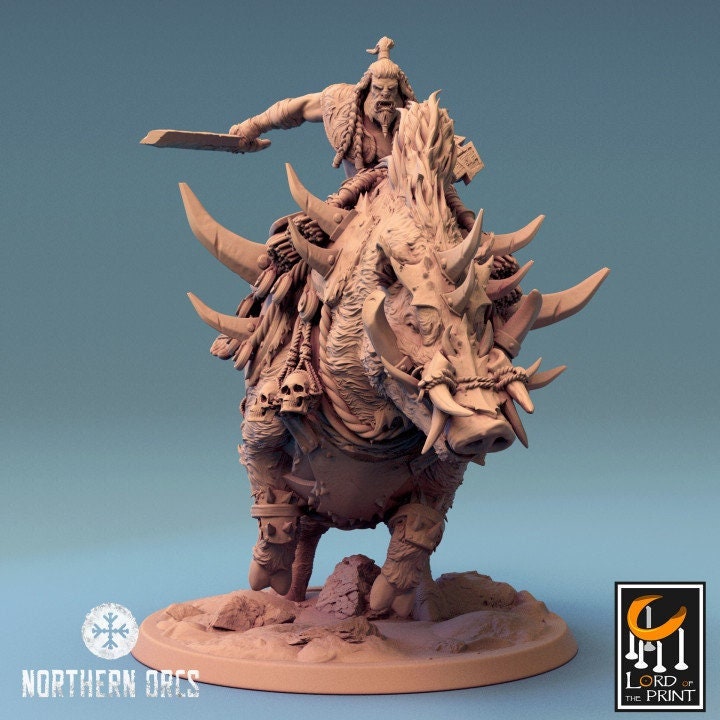 Orc Fighter on Charging Giant Boar w/ Club/Sword, Orc Chieftain | Dungeons and Dragons 5e | 28mm,32mm, 54mm, 75mm Scale | Pathfinder | LOP