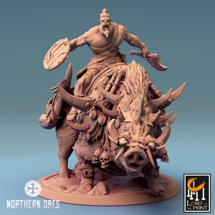 Orc Fighter on Giant Boar w/ Shield & Axe, Orc Chieftain | Dungeons and Dragons 5e | 28mm,32mm, 54mm, 75mm Scale | Pathfinder | LOP