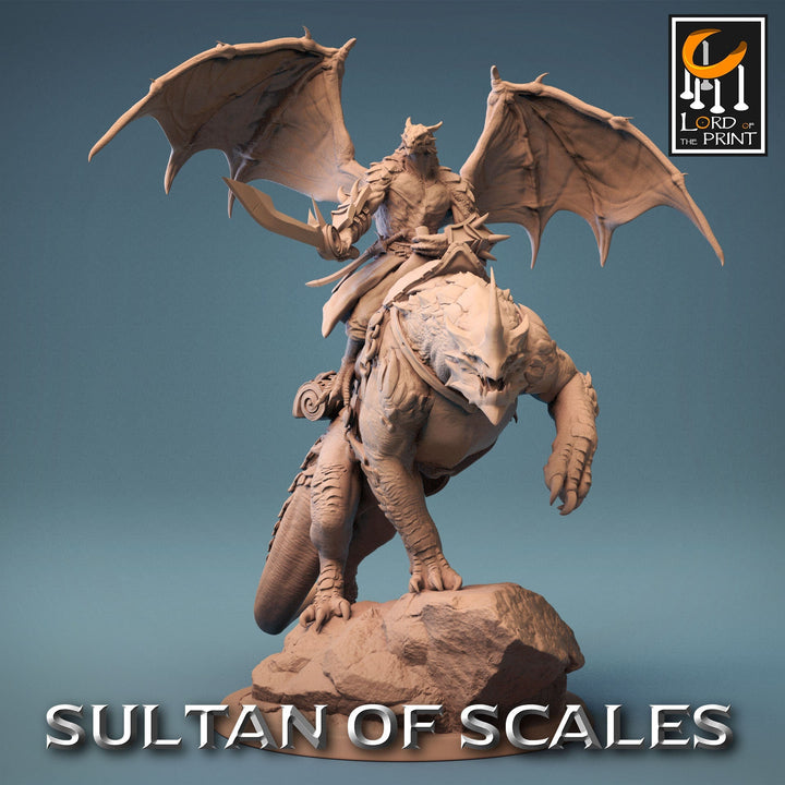 Winged Dragonborn w/ Sword Mounted on Dragonling | Dungeons and Dragons 5e | 28mm,32mm, 54mm, 75mm Scale | Pathfinder | Lord of the Print