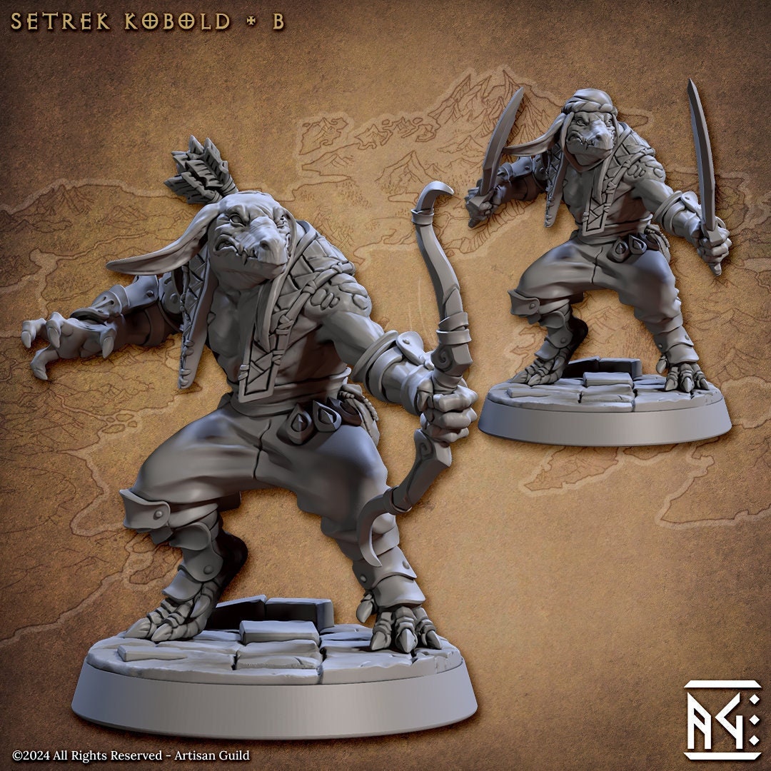 Kobold Fighter with Bow, Dual Scimitars PC NPC DnD | 28mm, 32mm, 54mm, 75mm Scale Miniature | Dungeons and Dragons | Artisan Guild