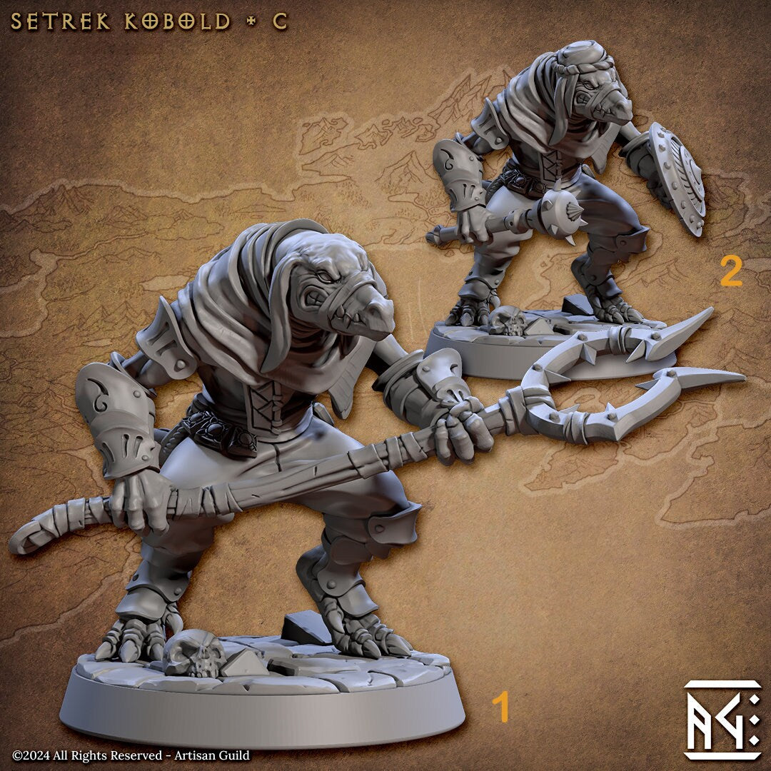 Kobold Fighter with Mancatcher, Mace &amp; Shield PC NPC DnD | 28mm, 32mm, 54mm, 75mm Scale Miniature | Dungeons and Dragons | Artisan Guild