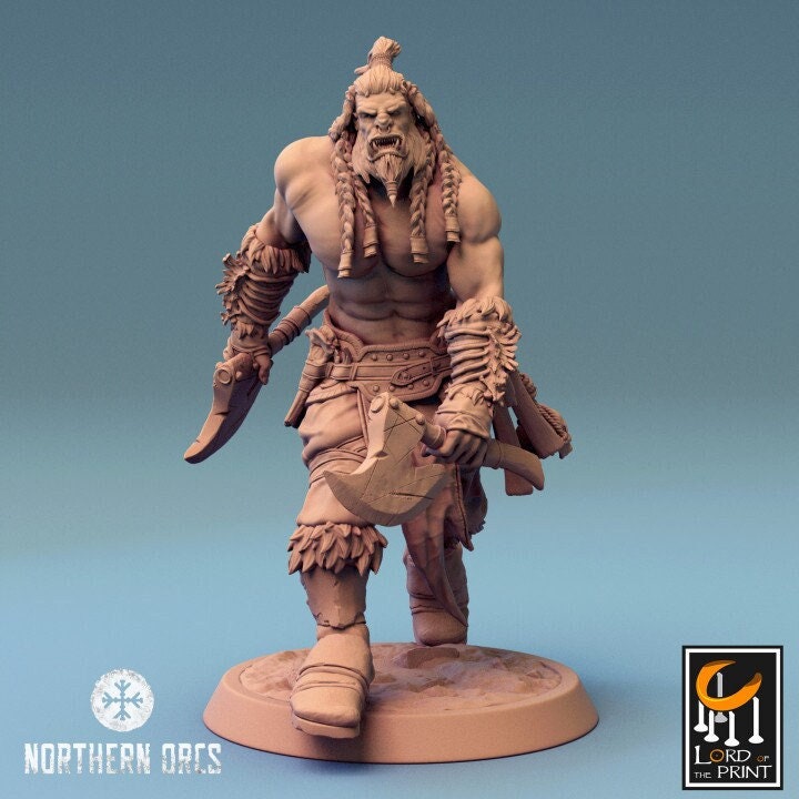 Orc Fighter Barbarian Dual Battle Axes, Half-Orc | Scales: 28mm | 32mm |54mm| 75mm | 100mm Megaboss | Dungeons&amp; Dragons 5e | Pathfinder |