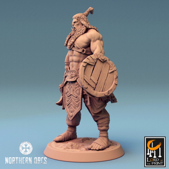 Orc Fighter Barbarian Battle Axe and Buckler, Half-Orc | Scales: 28mm, 32mm , 54mm,75mm,100mm Megaboss | Dungeons &amp; Dragons 5e | Pathfinder