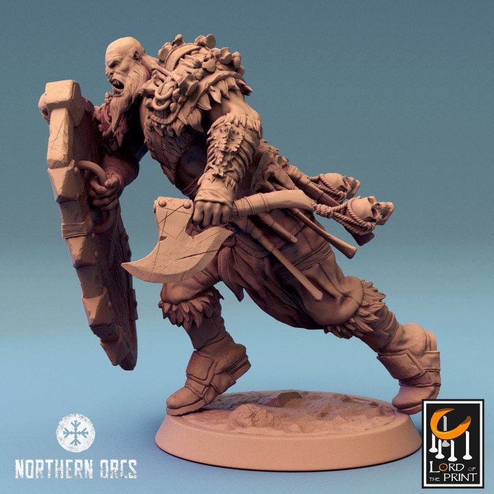 Orc Fighter Barbarian Battle Axe and Shield, Half-Orc | Scales: 28mm, 32mm , 54mm,75mm,100mm Megaboss | Dungeons &amp; Dragons 5e | Pathfinder