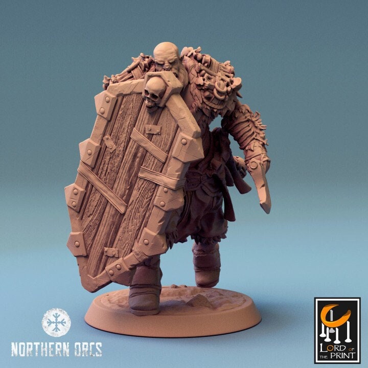 Orc Fighter Barbarian Battle Axe and Shield, Half-Orc | Scales: 28mm, 32mm , 54mm,75mm,100mm Megaboss | Dungeons & Dragons 5e | Pathfinder