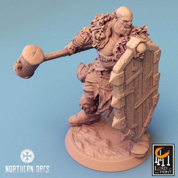 Orc Fighter Barbarian Battle Hammer and Shield, Half-Orc | Scales: 28mm,32mm ,,54mm,75mm,100mm Megaboss | Dungeons &amp; Dragons 5e |Pathfinder