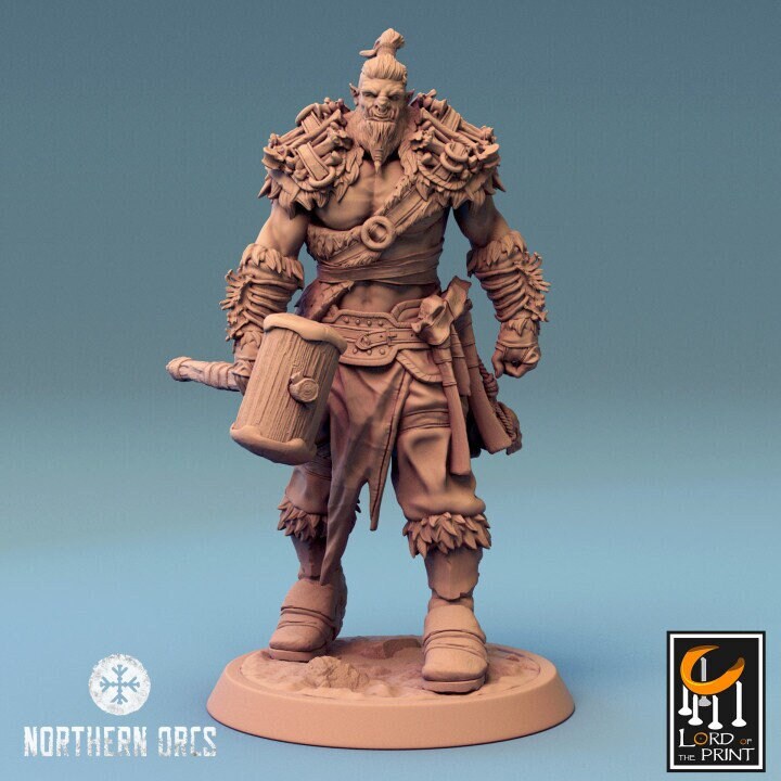 Orc Fighter Barbarian Battle Hammer and Shield, Half-Orc | Scales: 28mm,32mm ,,54mm,75mm,100mm Megaboss | Dungeons & Dragons 5e |Pathfinder