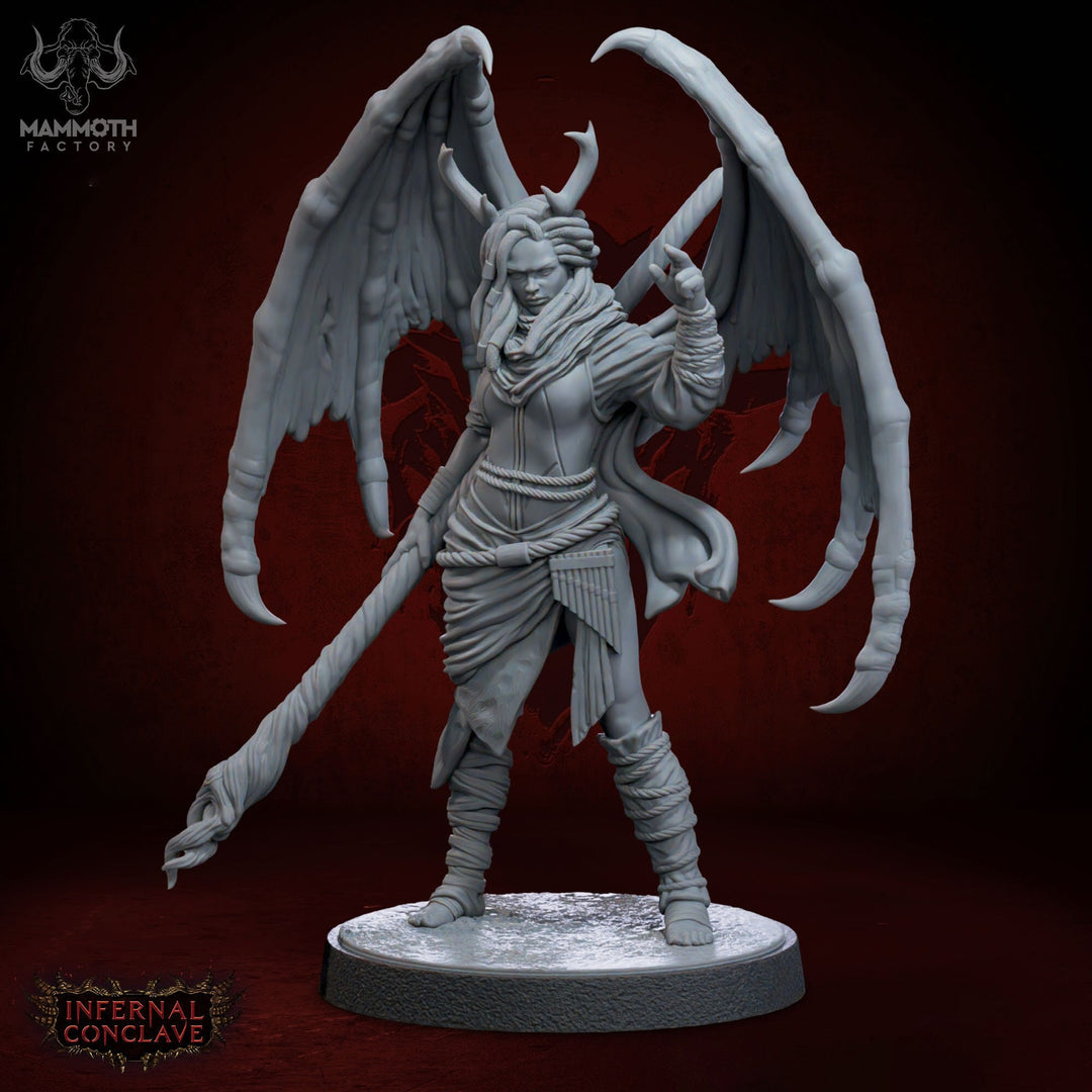 Female Winged Tiefling Sorcerer, Warlock Druid |28mm,32mm,54mm,75mm,100mm Scale Resin Miniature |Dungeons and Dragons 5e | Mammoth Factory
