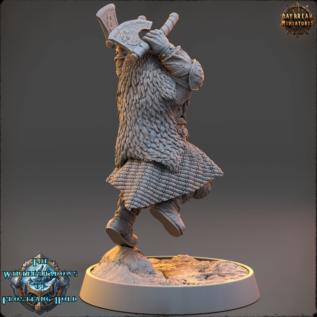Viking Human Ranger Fighter Dual Axes PC NPC | 28mm, 32mm, 54mm, 75mm, 100mm Scales | Dungeons and Dragons | Pathfinder |Daybreak Miniatures