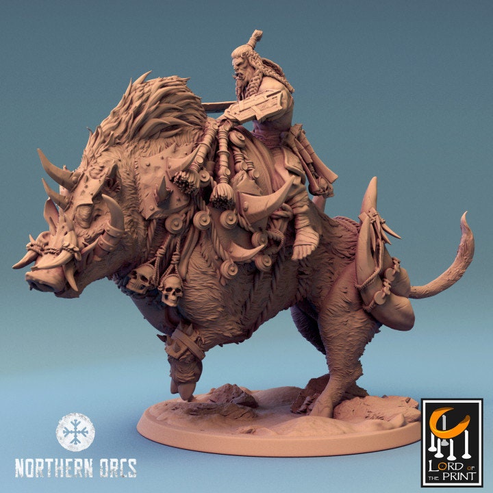 Orc Fighter on Charging Giant Boar w/ Club/Sword, Orc Chieftain | Dungeons and Dragons 5e | 28mm,32mm, 54mm, 75mm Scale | Pathfinder | LOP