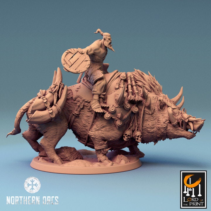 Orc Fighter on Giant Boar w/ Shield &amp; Axe, Orc Chieftain | Dungeons and Dragons 5e | 28mm,32mm, 54mm, 75mm Scale | Pathfinder | LOP