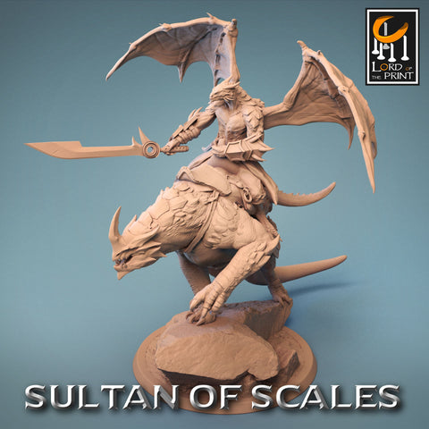 Winged Dragonborn w/ Sword Mounted on Dragonling | Dungeons and Dragons 5e | 28mm,32mm, 54mm, 75mm Scale | Pathfinder | Lord of the Print