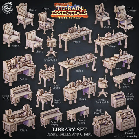 Library Set Desk, Tables and Chairs Scatter Props Terrain | Resin 28mm, 32mm| Dungeons & Dragons 5e Miniature | Pathfinder RPG Tabletop DnD