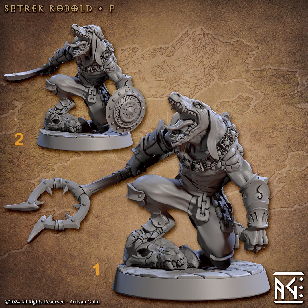 Kobold Fighter with Mancatcher, Scimitar &amp; Shield PC NPC DnD | 28mm, 32mm, 54mm, 75mm Scale Miniature | Dungeons and Dragons | Artisan Guild