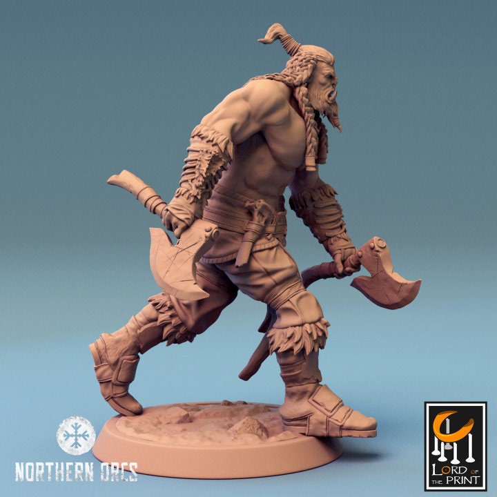 Orc Fighter Barbarian Dual Battle Axes, Half-Orc | Scales: 28mm | 32mm |54mm| 75mm | 100mm Megaboss | Dungeons&amp; Dragons 5e | Pathfinder |