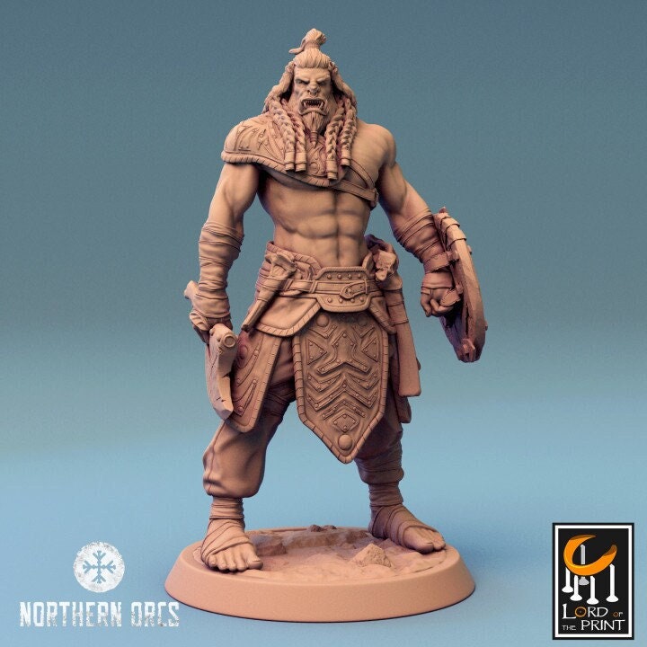 Orc Fighter Barbarian Battle Axe and Buckler, Half-Orc | Scales: 28mm, 32mm , 54mm,75mm,100mm Megaboss | Dungeons &amp; Dragons 5e | Pathfinder