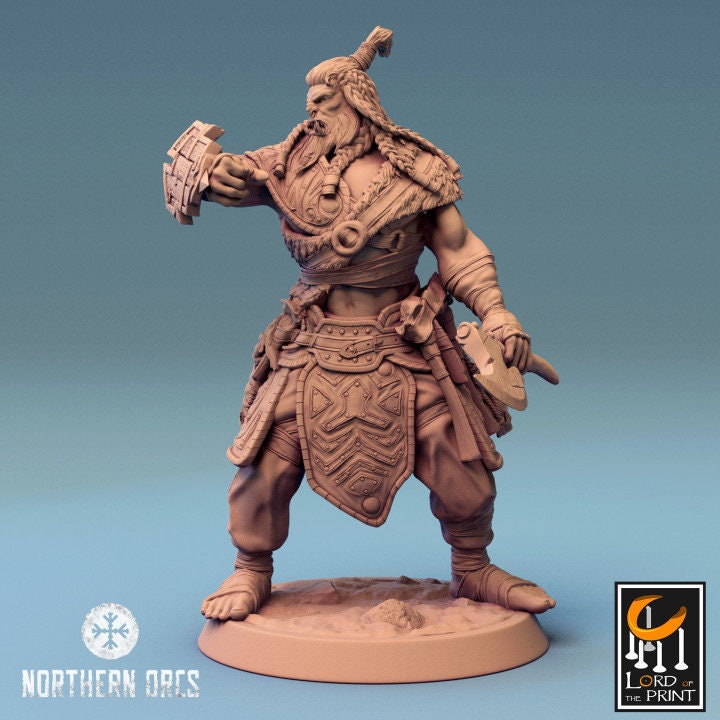 Orc Fighter Barbarian Battle Axe and Buckler, Half-Orc | Scales: 28mm, 32mm , 54mm,75mm,100mm Megaboss | Dungeons &amp; Dragons 5e | Pathfinder