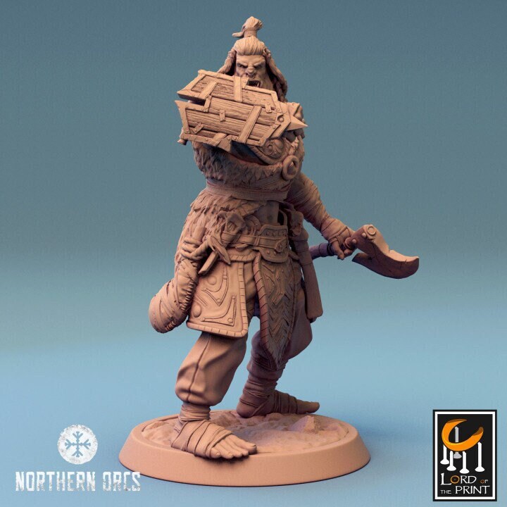 Orc Fighter Barbarian Battle Axe and Buckler, Half-Orc | Scales: 28mm, 32mm , 54mm,75mm,100mm Megaboss | Dungeons &amp; Dragons 5e | Pathfinder