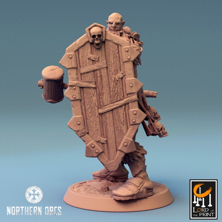 Orc Fighter Barbarian Battle Hammer and Shield, Half-Orc | Scales: 28mm,32mm ,,54mm,75mm,100mm Megaboss | Dungeons &amp; Dragons 5e |Pathfinder
