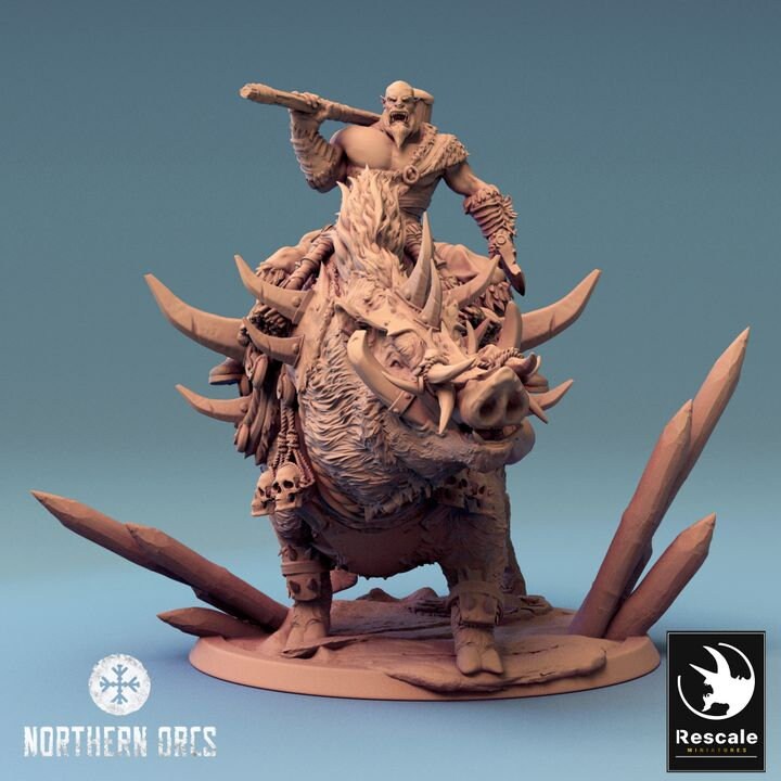 Orc Fighter on Giant Boar w/ Hammer &amp; Axe, Orc Chieftain | Dungeons and Dragons 5e | 28mm,32mm, 54mm, 75mm Scale | Pathfinder | LOP