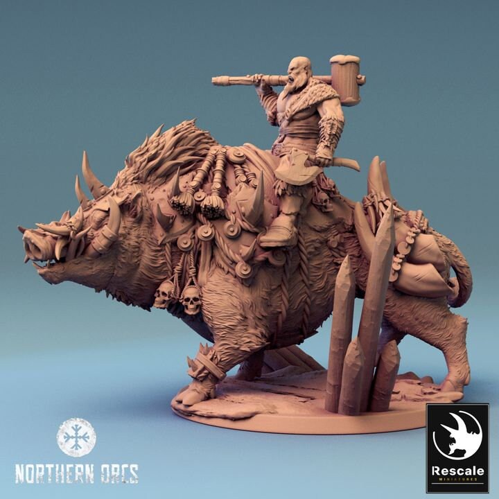 Orc Fighter on Giant Boar w/ Hammer &amp; Axe, Orc Chieftain | Dungeons and Dragons 5e | 28mm,32mm, 54mm, 75mm Scale | Pathfinder | LOP