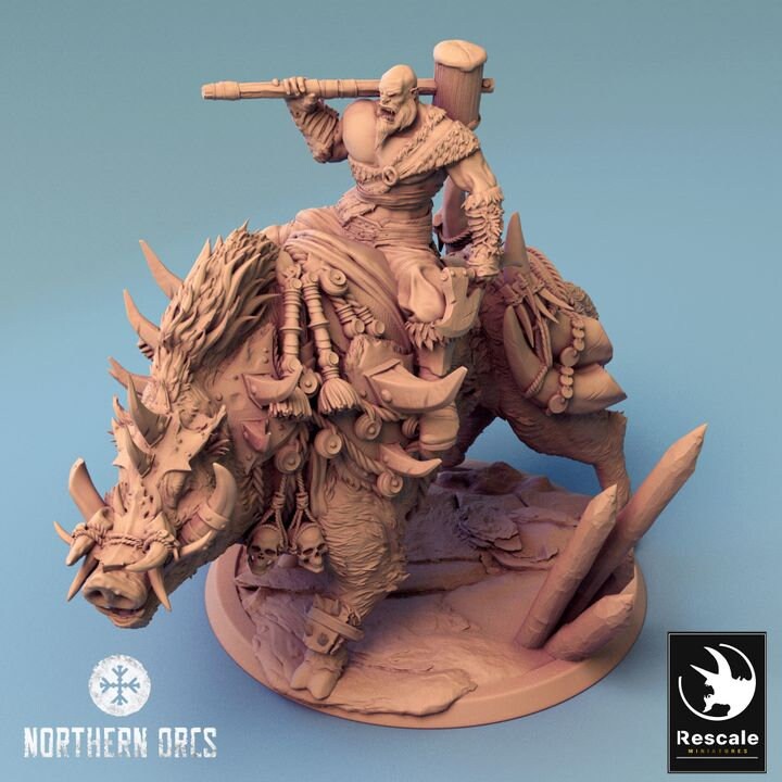 Orc Fighter on Giant Boar w/ Hammer &amp; Axe, Orc Chieftain | Dungeons and Dragons 5e | 28mm,32mm, 54mm, 75mm Scale | Pathfinder | LOP