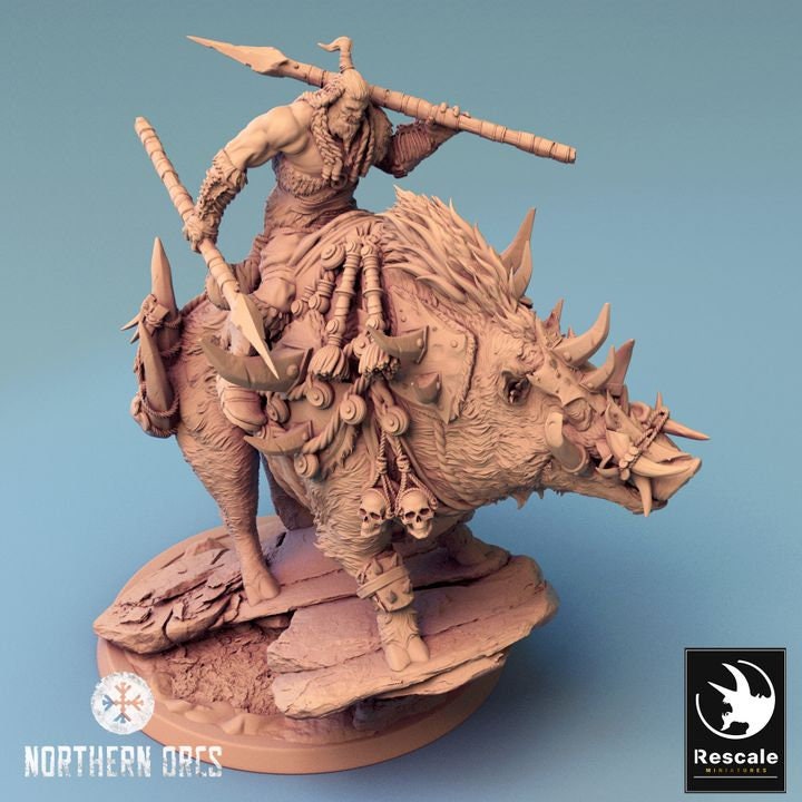Orc Fighter on Giant Boar w/ Hammer &amp; Axe, Orc Chieftain | Dungeons and Dragons 5e | 28mm,32mm, 54mm, 75mm Scale | Pathfinder | LOP