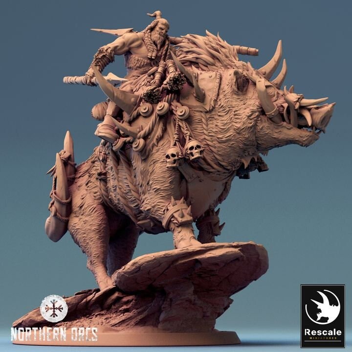 Orc Fighter on Giant Boar w/ Hammer & Axe, Orc Chieftain | Dungeons and Dragons 5e | 28mm,32mm, 54mm, 75mm Scale | Pathfinder | LOP